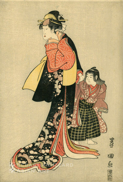 UTAGAWA TOYOKUNI (1769–1825) Actors as a Mother and Child Color woodblock print: oban tate-e  38.7 x 26.4 cm Signed: Toyokuni ga Publisher: Izumiya Ichibei