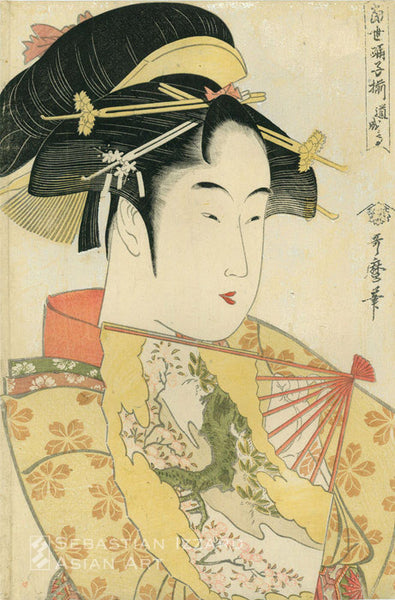 KITAGAWA UTAMARO (1754-1806) Dojoji Temple (Dojoji) Color woodblock print: oban tate-e 36.5 x 24.1 cm; ca. 1794  Series: An array of modern dancing girls (Tosei odoriko-zoroe)  Signed: Utamaro hitsu