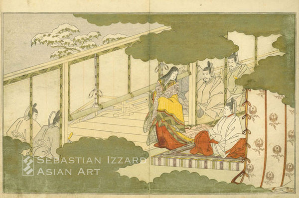 KITAGAWA UTAMARO (1754–1806), illustrator YADOYA MESHIMORI, editor  The Silver World (Gin sekai)  Color woodblock-printed book, with metallic pigments;  orihon, original blue paper wrappers loosely painted with a landscape in winter, cover bearing title slip Gin sekai, in chitsu; 1 vol.; 101/4 x 71/2 in. (26 x 19.1 cm), 9 leaves, double-page preface, signed Yadoya Meshimori and dated first month of the year of the Dog [1790] with a large square seal followed by 5 double-page illustrations; Colophon undated,