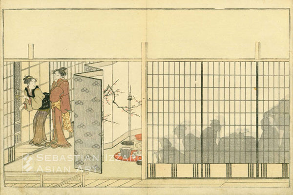 KITAGAWA UTAMARO (1754–1806), illustrator YADOYA MESHIMORI, editor  The Silver World (Gin sekai)  Color woodblock-printed book, with metallic pigments;  orihon, original blue paper wrappers loosely painted with a landscape in winter, cover bearing title slip Gin sekai, in chitsu; 1 vol.; 101/4 x 71/2 in. (26 x 19.1 cm), 9 leaves, double-page preface, signed Yadoya Meshimori and dated first month of the year of the Dog [1790] with a large square seal followed by 5 double-page illustrations; Colophon undated,