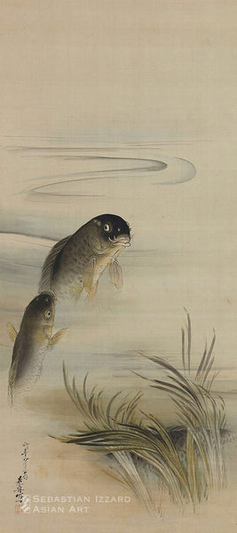SHIBATA ZESHIN (1807–1891) Carp Swimming among Water Plants Pair of hanging scrolls: ink and color on silk each 124 x 56 cm; 1889 Signed: Tairyukyo Zeshin sha and Gyonen hachijusan-o (at the age of eighty-three) Zeshin sha Sealed: Shin Roller ends: lacquer decorated with lotus, Signed Reiya [Shibata Kametaro (1850–1915)];  box inscribed: Shibata Zeshin o hitsu suichu koi no zu  (Carp in Water, painted by the venerable Shibata Zeshin),  signed Kakanan Chikushin kanheidai (certified and titled by Kakanan Chik